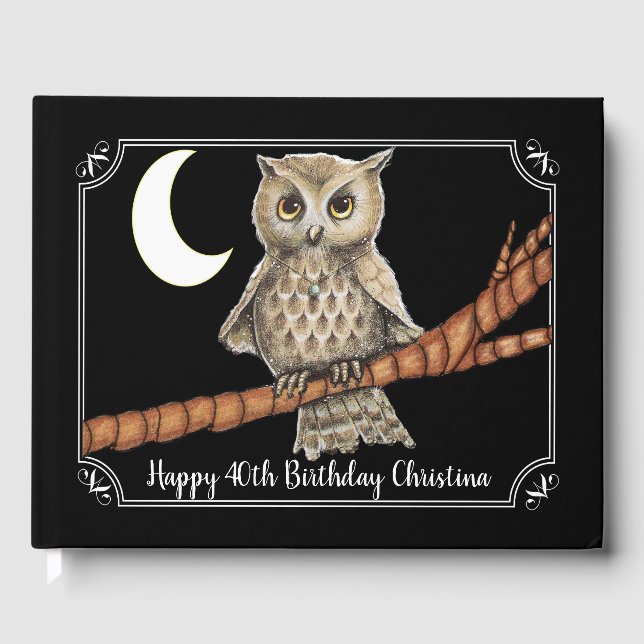 Söt Brown Uggla Blue Necklace Måne White Ram Gästböcker (Framsida)