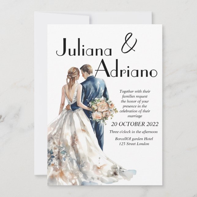 Söt brud brudgum akvarell bröllopskort modernt inbjudningar (Framsida)