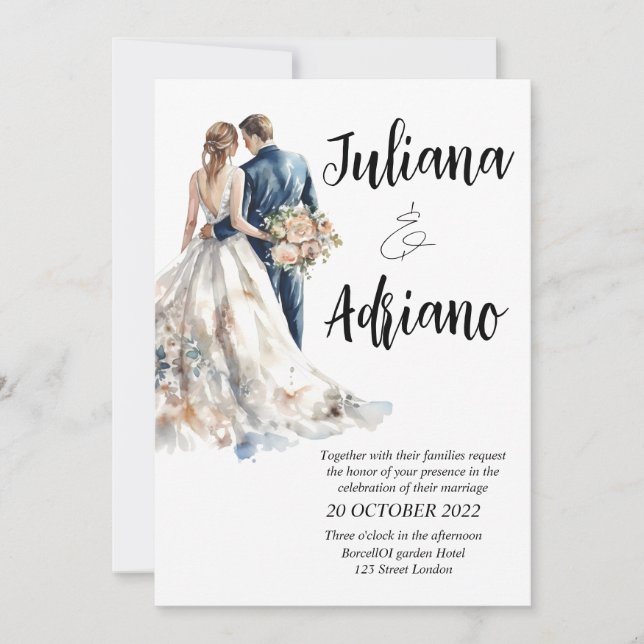 Söt brud brudgum akvarell bröllopskort modernt inbjudningar (Framsida)