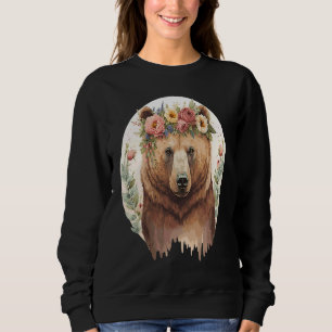 Söt Brun Björn Grizzly Blomster Krona Djur T Shirt