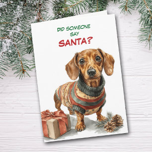 Söt Brun Dachshund Hund Letar Efter Tomte Helgkort