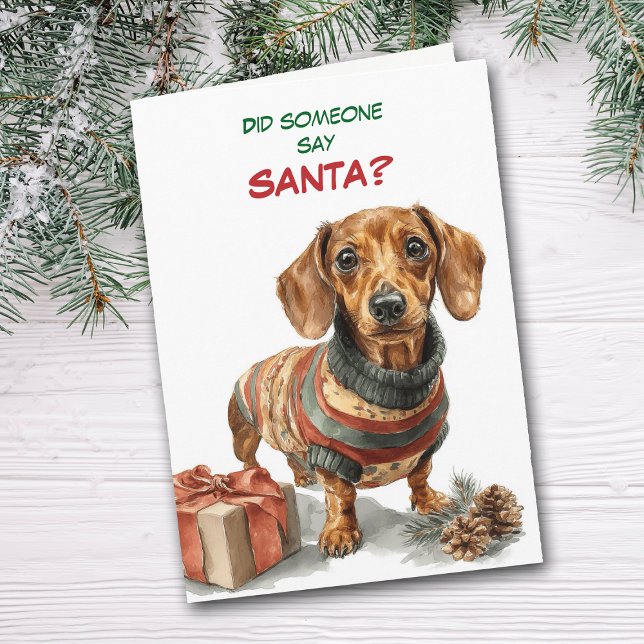 Söt Brun Dachshund Hund Letar Efter Tomte Helgkort (Skapare uppladdad)