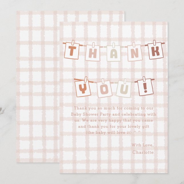 Söt Brun Gingham Notedry Baby Shower Tack Kort (Fram/baksida)