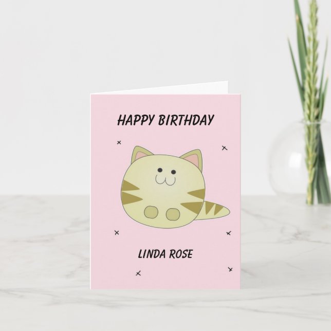 Söt brun katt rosa mönster glad födelsedag tack kort (Framsida)