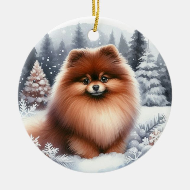 Söt Brun Pomeranian Hund Scenisk Vinter Julgransprydnad Keramik (Framsidan)