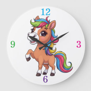 Söt Brun Ponny Regnbåge Mané Barnkammare Rund Kl Stor Klocka