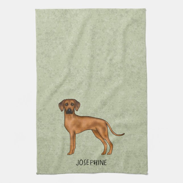 Söt Brun Rhodesian Ridgeback Hund Med Namn Grön Kökshandduk (Vertikal)
