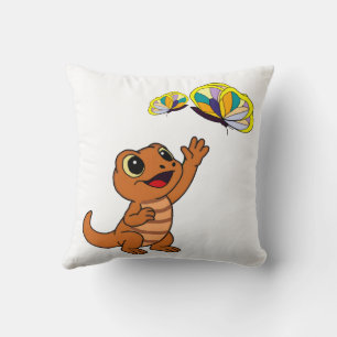 Söt Brun Tecknad Ödla som når Fjärilar Kudde