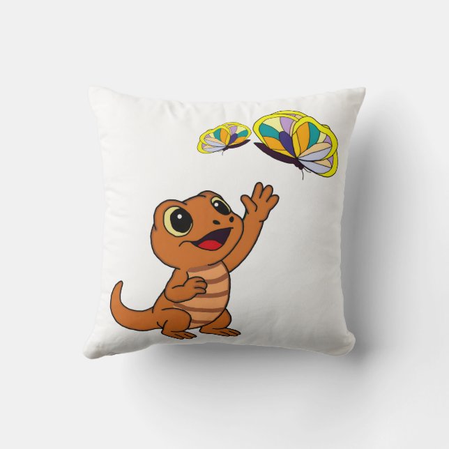 Söt Brun Tecknad Ödla som når Fjärilar Kudde (Baksida)