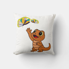 Söt Brun Tecknad Ödla som når Fjärilar Kudde