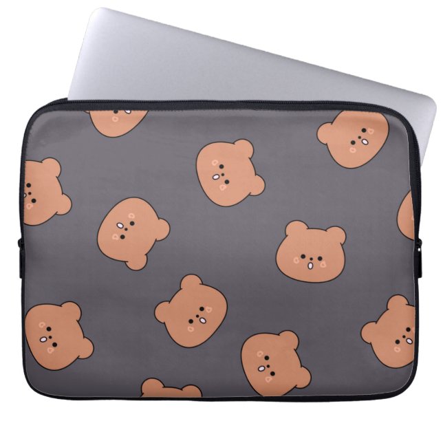 Söt Brun Teddybjörn Ansiktsmönster Mörkblå Laptop Fodral (Framsidan)