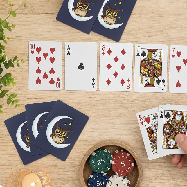 Söt Brun Uggla Halvmåne Stjärnor Blå Casinokort (Skapare uppladdad)