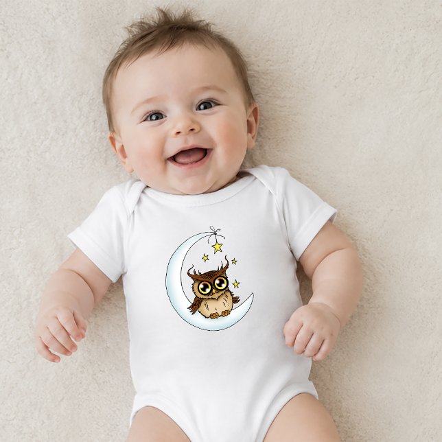 Söt Brun Uggla Halvmåne Stjärnor Blå T Shirt (Skapare uppladdad)