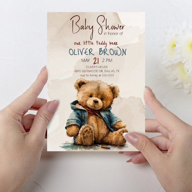 Söt brun vattenfärgad nalle Babykläder Inbjudningar (Skapare uppladdad)