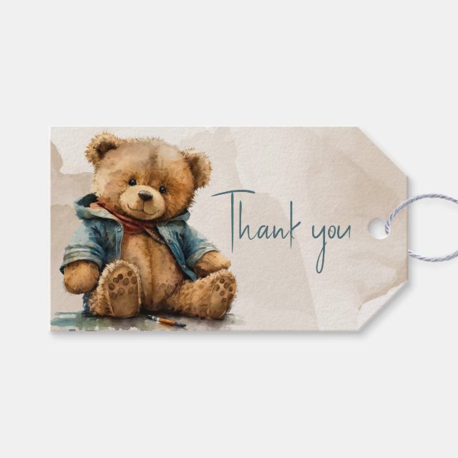 Söt brun vattenfärgad nalle Babykläder Presentetikett (Framsidan (Horisontell))