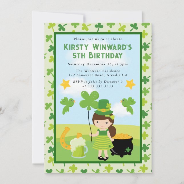 Söt brunett tjej St Patricks barn födelsedag  Inbjudningar (Framsida)