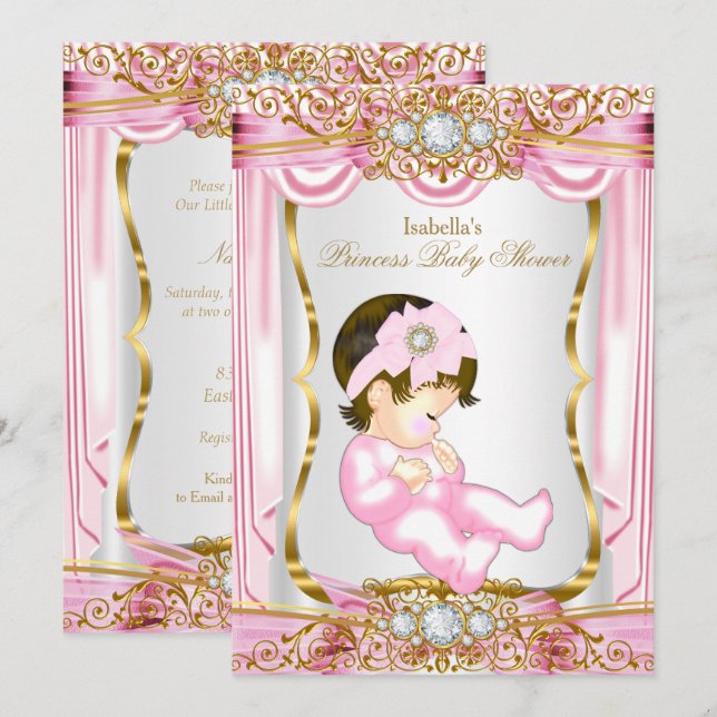 Söt Brunette Princess Baby Shower Rosa Silke Inbjudningar (Fram/baksida)
