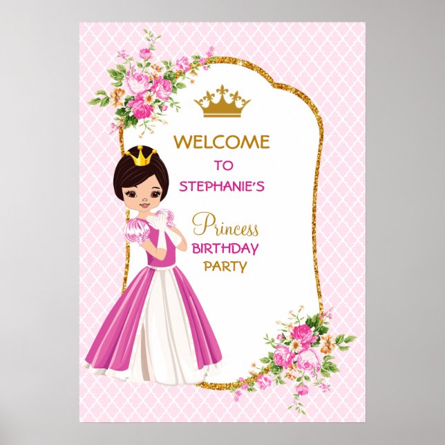 Söt Brunette Princess Födelsedagsfest Poster (Framsidan)