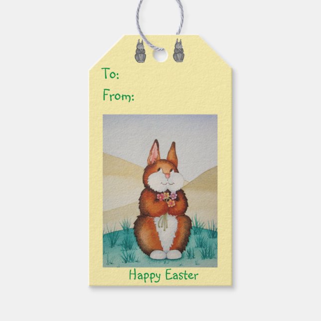 Söt brunt kanin som håller söt blommor presentetikett (Framsidan)