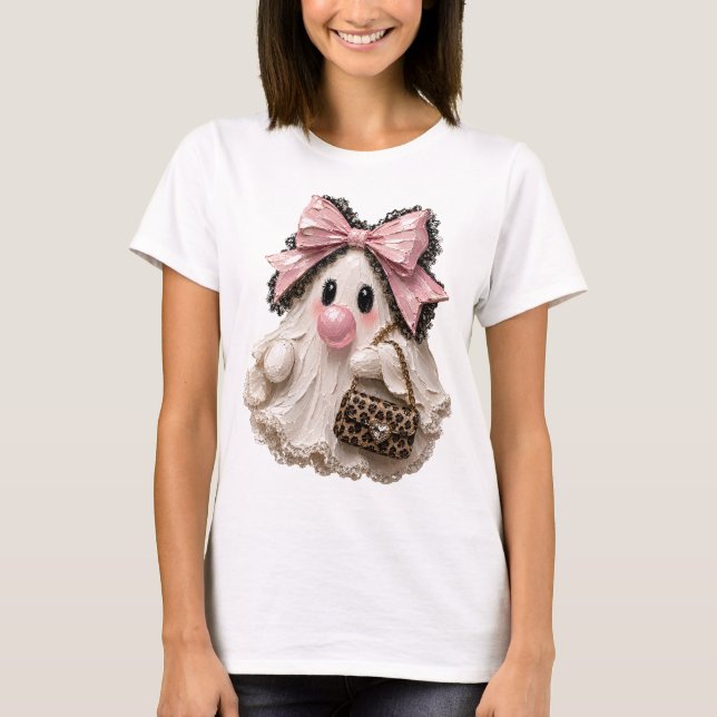 Söt bubbelgummig spökhalloween rosa slinga t shirt (Framsida)