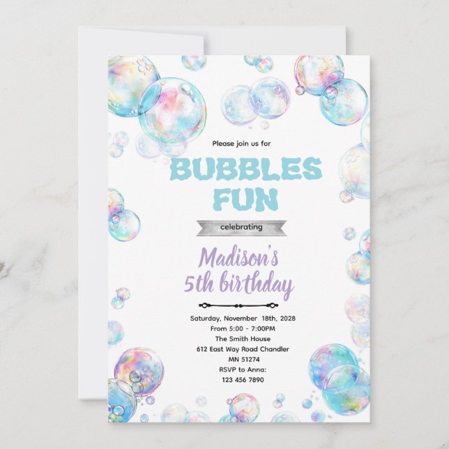 Söt bubbeltema-fest inbjudan (Framsida)