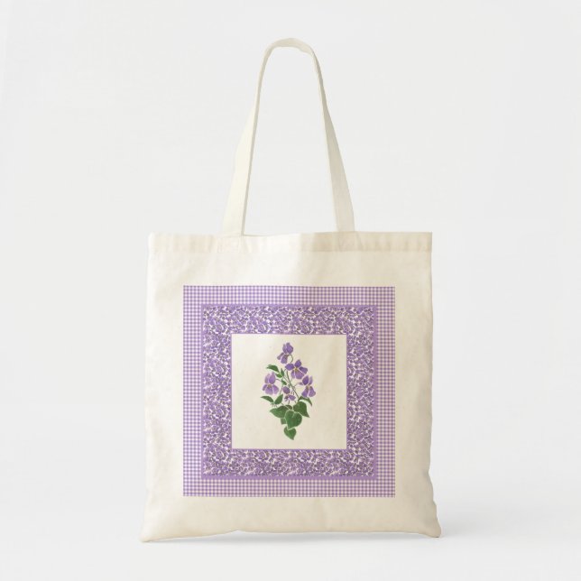 Söt Budget Tote Bag: Violets and Gingham Tygkasse (Framsidan)