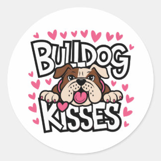 Söt Bulldoggs Valp Hundälskare Rosa Hjärta Kyssar Runt Klistermärke