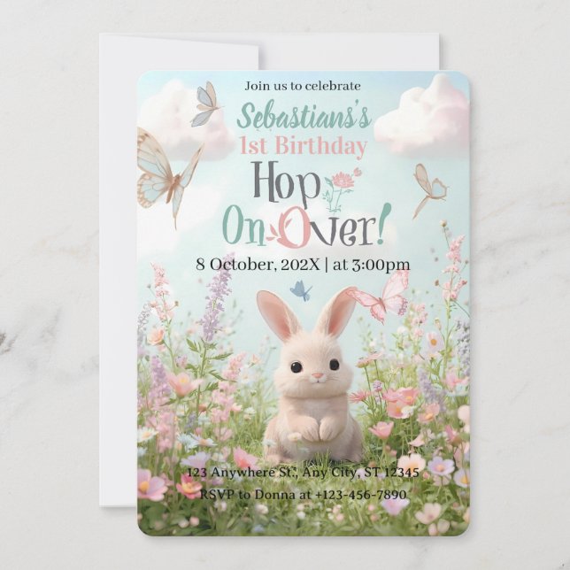 Söt Bunny Meadow Birthday-inbjudan - Whimsical Inbjudningar (Framsida)