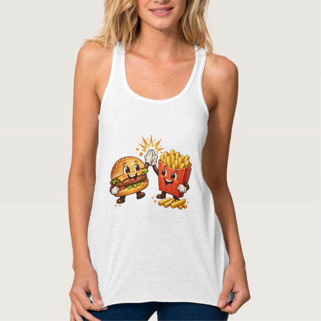 Söt Burger och Pommes High Five Kawaii Konst Linne Med Racerback (Framsida)