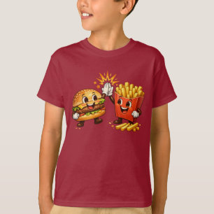 Söt Burger och Pommes Hög Fem Kawaii Konst T Shirt