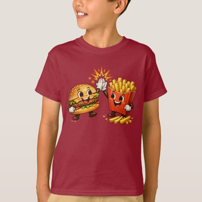 Söt Burger och Pommes Hög Fem Kawaii Konst T Shirt (Framsida)
