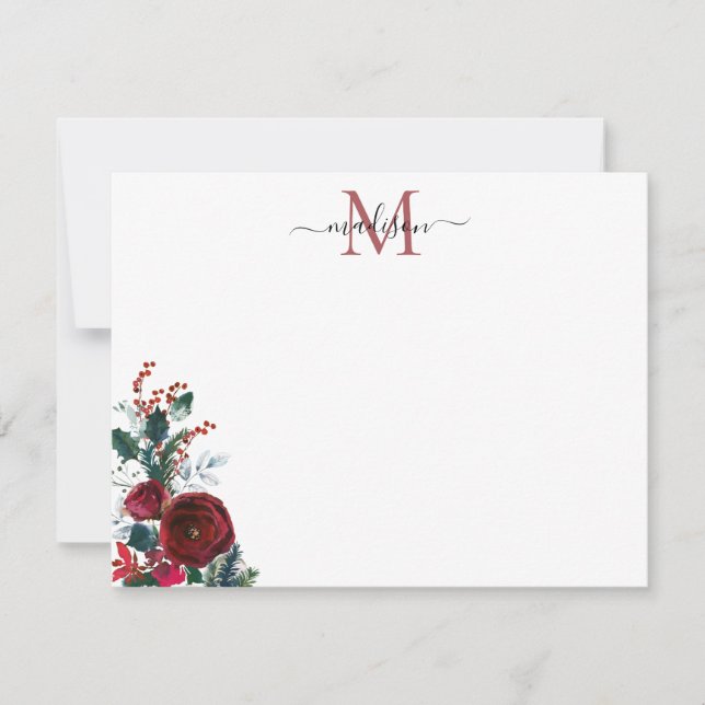 Söt burgunderröd ros jul blomster monogram anteckningskort (Framsida)