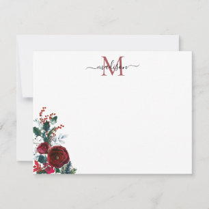 Söt burgunderröd ros jul blomster monogram anteckningskort
