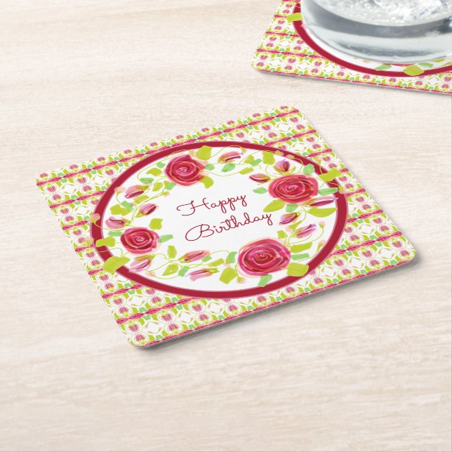 Söt Burgundy and Rosa Blommigt Designad Underlägg Papper Kvadrat (Vinklad)