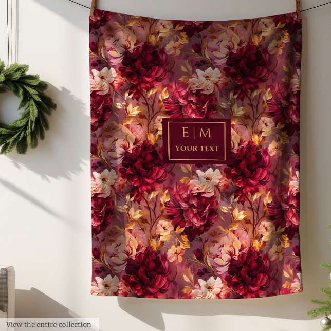 Söt  Burgundy Guld Watercolor Blommigt Fleecefilt (Pretty Blush Burgundy Gold Watercolor Floral Fleece Blanket)