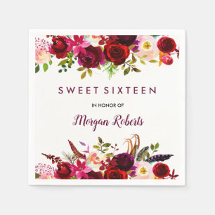 Söt Burgundy Red Blommigt Sweet 16 Pappersservett