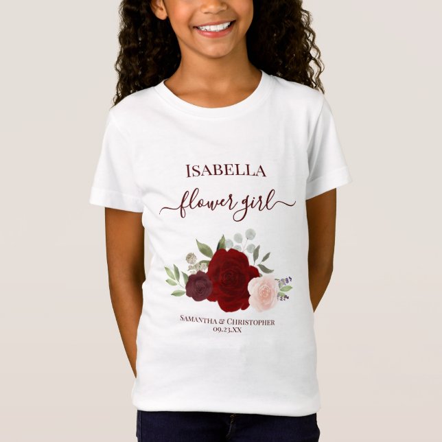Söt Burgundy & Röda Rosor Flower Girl Bröllopspres T Shirt (Framsida)