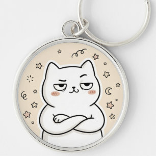 Söt Butter Grå Katt Kawaii Rund Nyckelring
