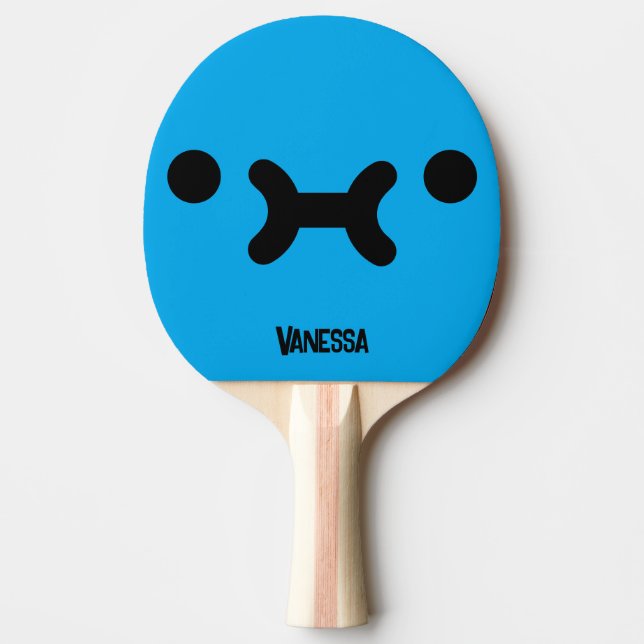 Söt, butterande blå ansiktsuttryck med namn pingisracket (Framsidan)