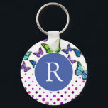 Söt Butterflies and Dots Monogram Nyckelring<br><div class="desc">Monogrammad nyckelkedja med söt-fjärilar och prickar i blues,  grönt och lila.</div>