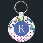 Söt Butterflies and Dots Monogram Nyckelring<br><div class="desc">Monogrammad nyckelkedja med söt-fjärilar och prickar i blues,  grönt och lila.</div>