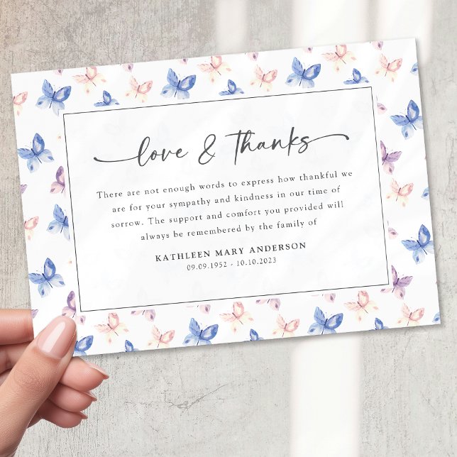 Söt Butterflies Lilac Blue Sympathy Funeral Tack Kort (Skapare uppladdad)