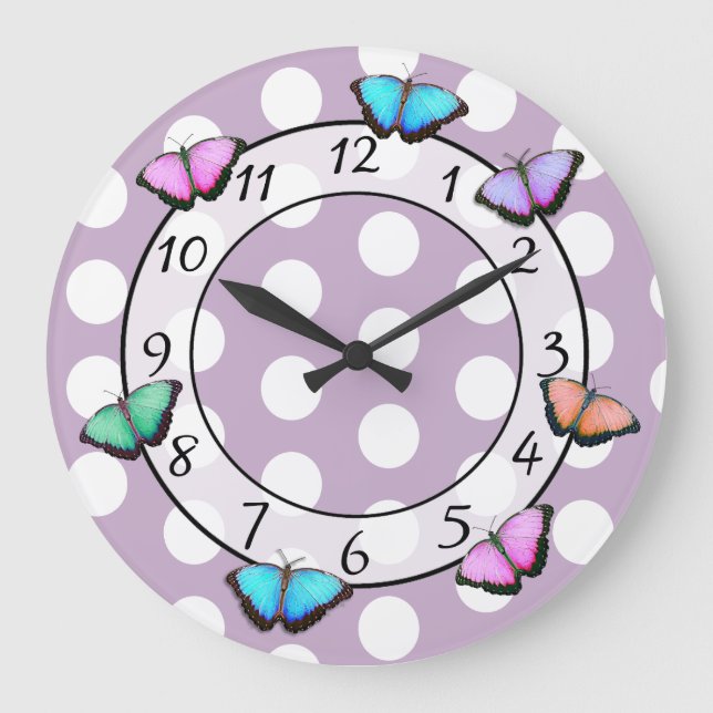 Söt Butterflies Polka Dot Whimsical Clock Stor Klocka (Framsida)