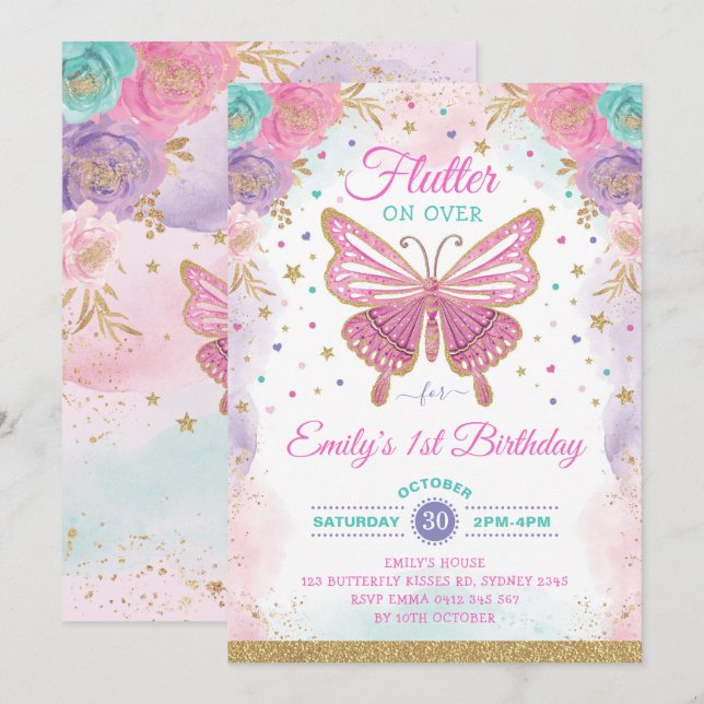 Söt Butterfly Fairy Garden Blommigt Girl Birthday Inbjudningar (Fram/baksida)