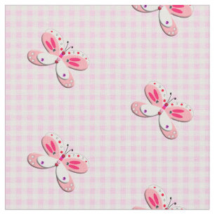 Söt Butterfly Gingham Play Rosa White Tyg