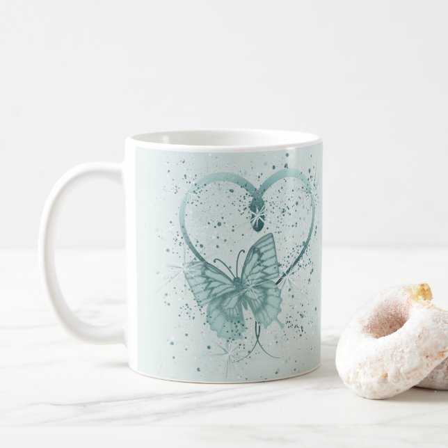Söt Butterfly, Heart och Paint Splatter i Teal Kaffemugg (Med munk)