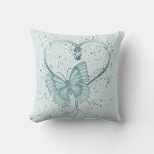 Söt Butterfly, Heart och Paint Splatter i Teal Kudde
