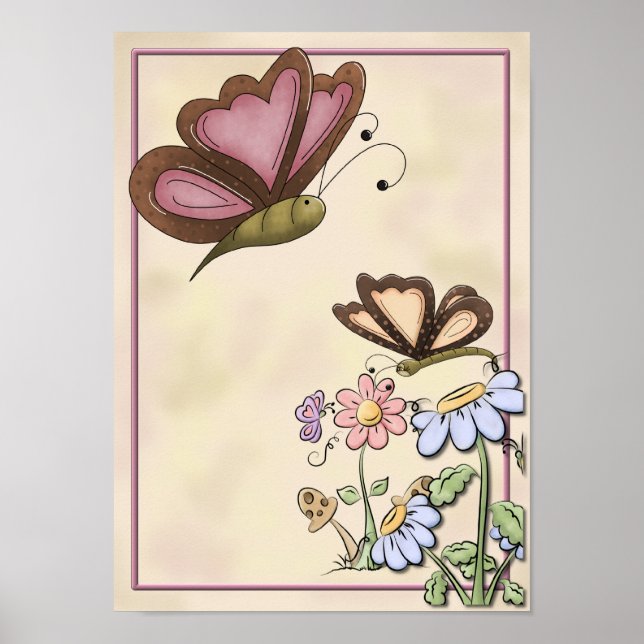 Söt Butterfly med Rosa & Blåa blommor Poster (Framsidan)