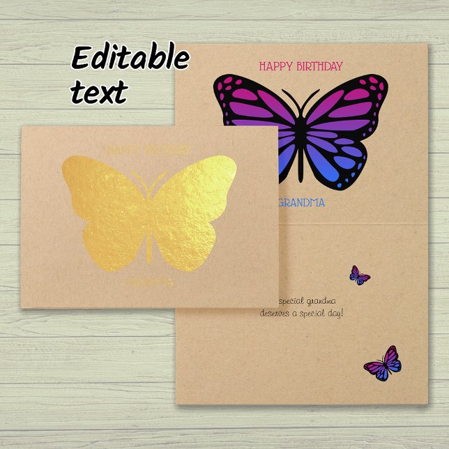 Söt butterfly-mormor, anpassad födelsedagskalender folierat kort (Gold foil, kraft paper)