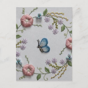 Söt butterfly mynta grönt rosa Embroidery Blommigt Vykort